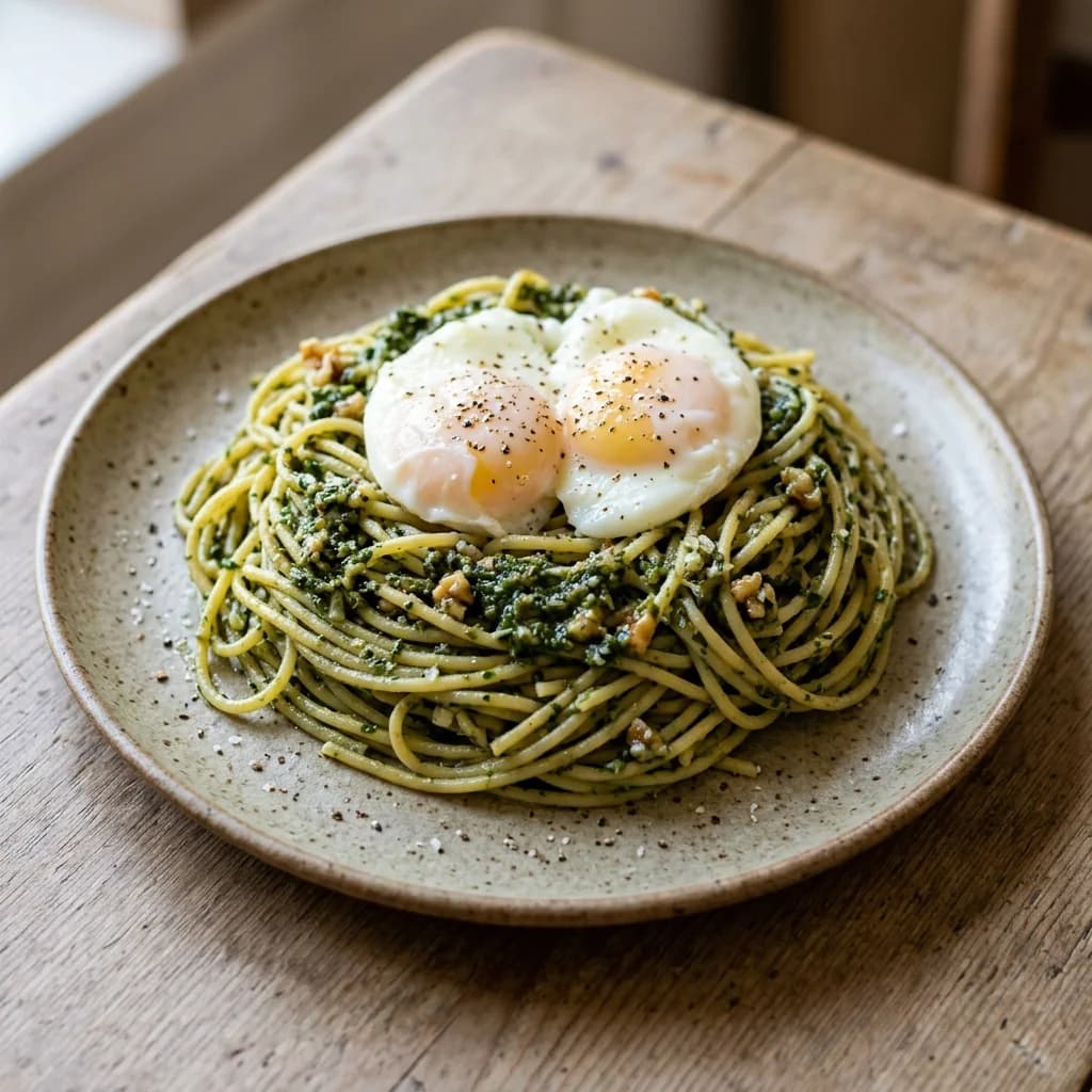 Aged Harzer Pesto Spaghetti with Steamed Eggs