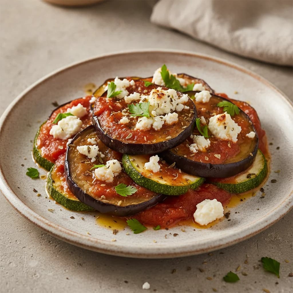 Baked Eggplant and Zucchini with Tomato and Feta