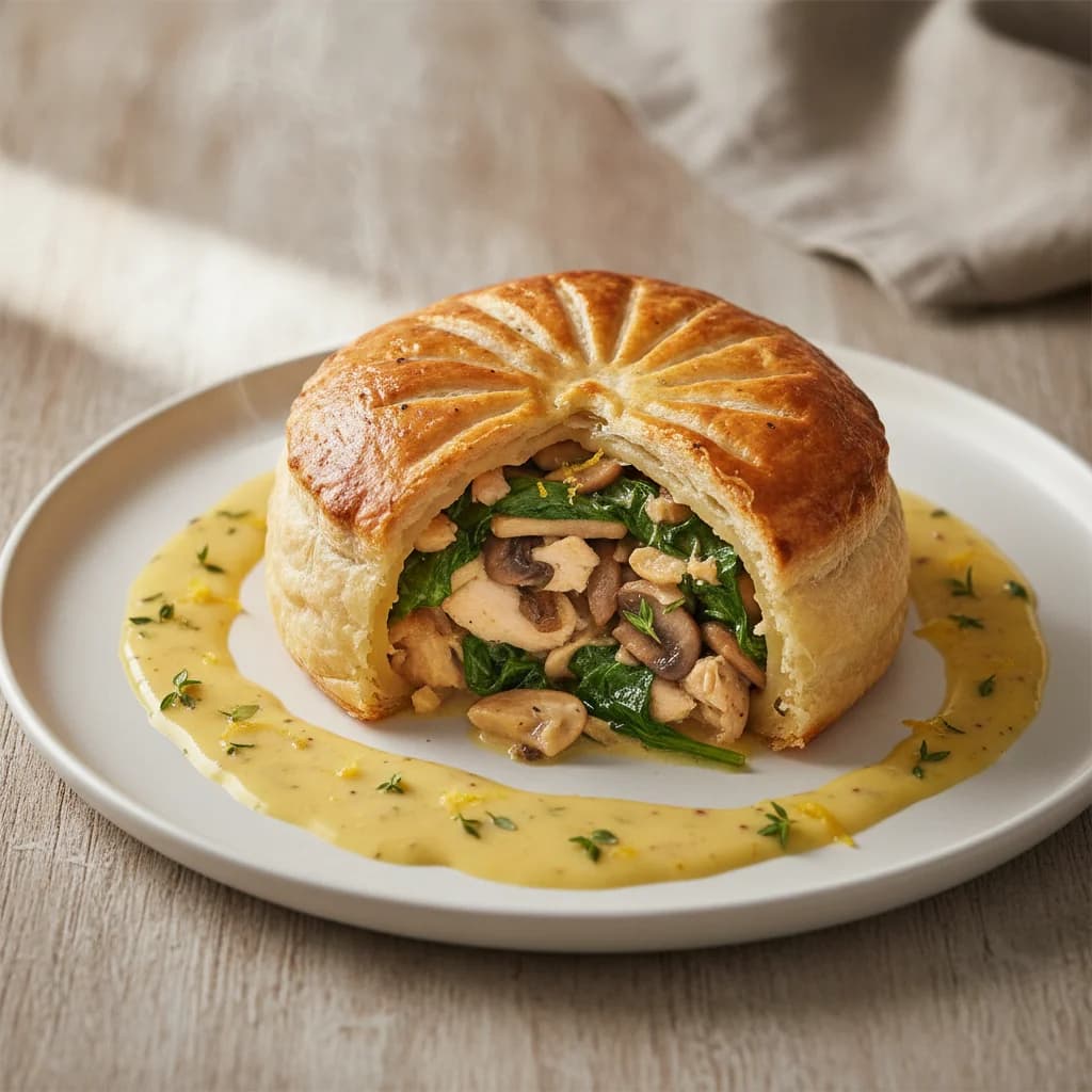 Chicken, Mushroom, and Spinach Pithivier with Lemon-Thyme Cream Sauce