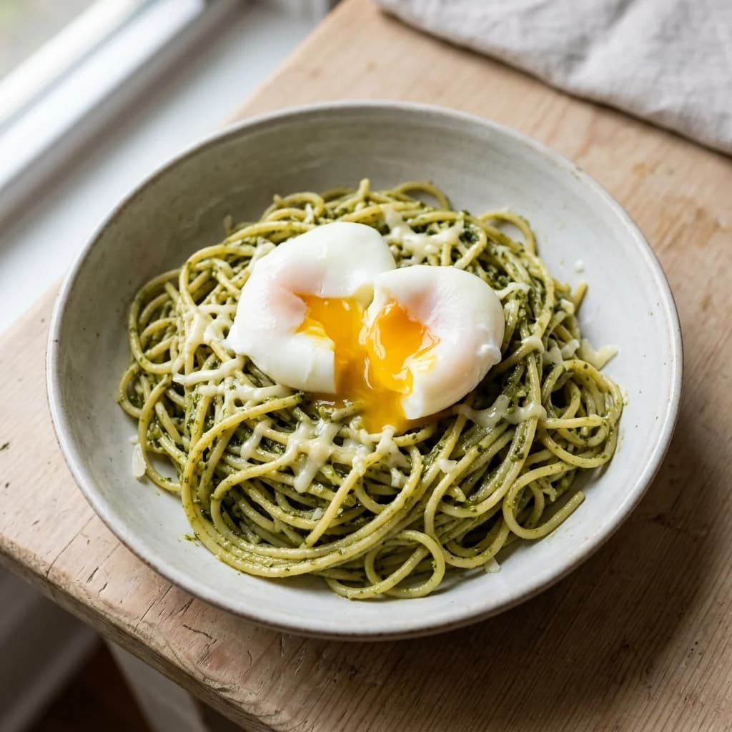 Pesto and Cheddar Spaghetti with Steamed Eggs