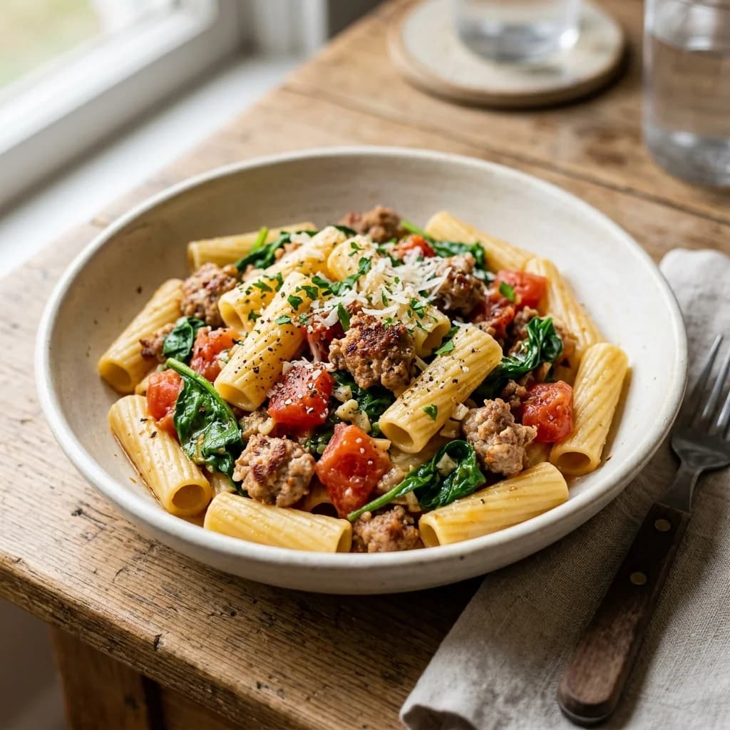 Sausage, Tomato, and Spinach Pasta