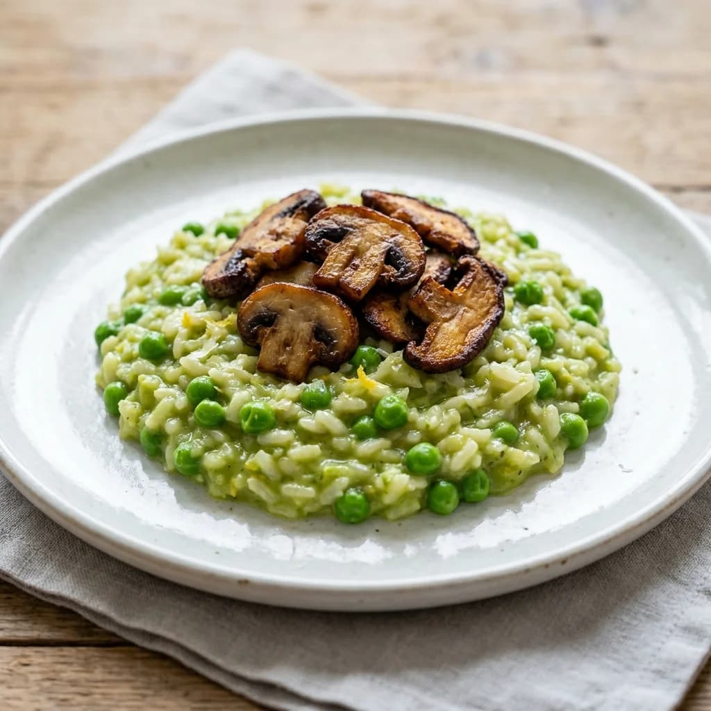 Thermomix-Zitronen-Erbsen-Risotto mit knusprigen Pilzen