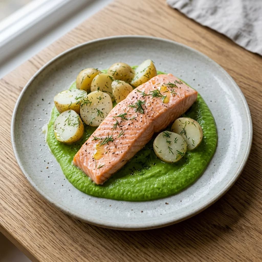 Thermomix Varoma Salmon with Dill Potatoes and Pea Velouté